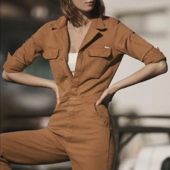 MOTHER Pants - Free People Mother The Fixer Jumpsuit Coverall Denim Utility Pockets Brown